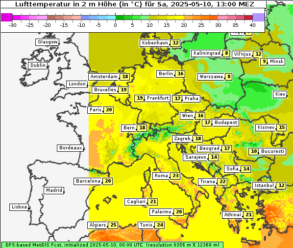 Temperatur, 10. 5. 2025