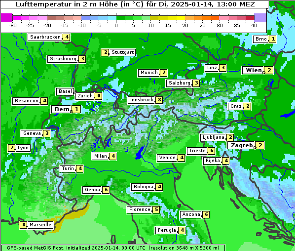 Temperatur, 14. 1. 2025