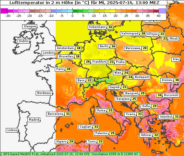 Temperatur, 16. 7. 2025