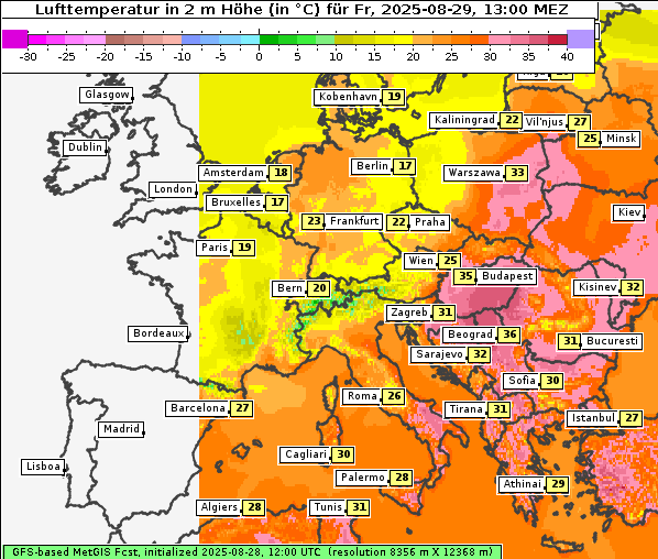 Temperatur, 29. 8. 2025