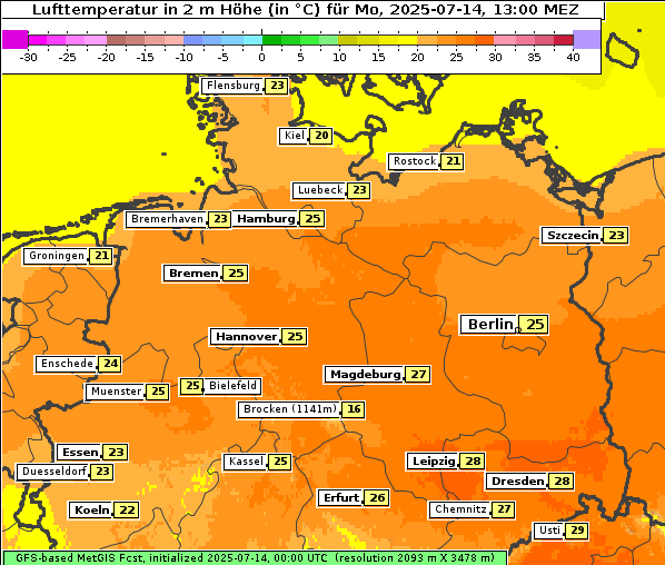 Temperatur, 14. 7. 2025