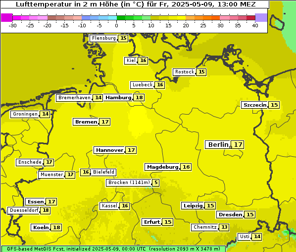 Temperatur, 9. 5. 2025
