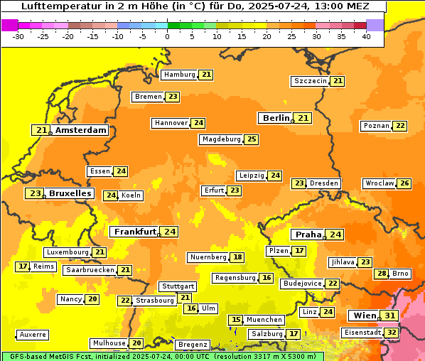 Temperatur, 24. 7. 2025