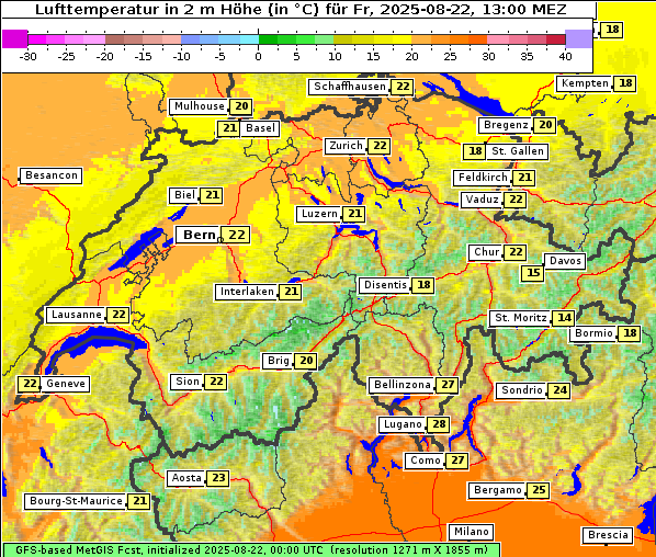 Temperatur, 22. 8. 2025