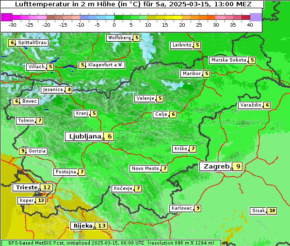 Temperatur, 15. 3. 2025