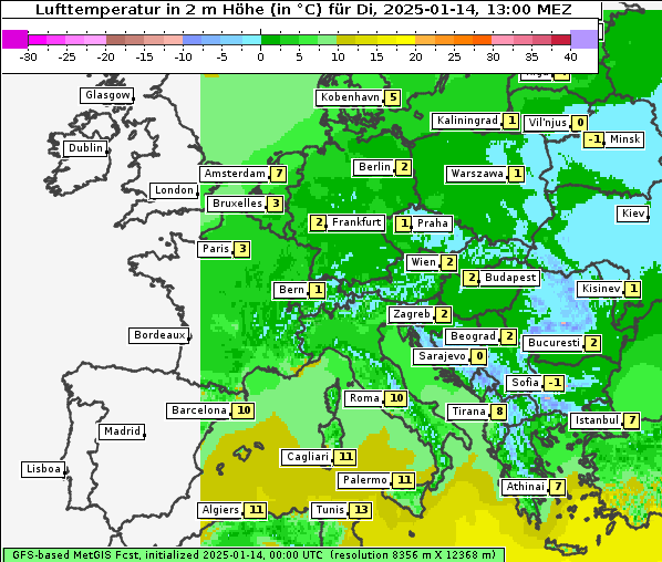 Temperatur, 14. 1. 2025