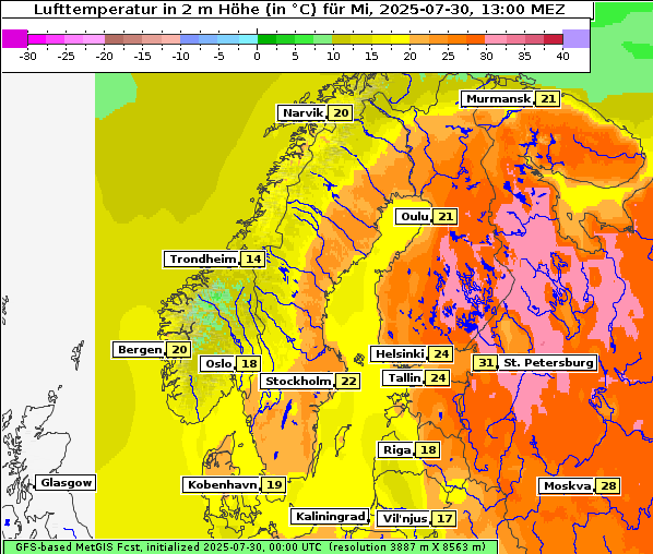 Temperatur, 30. 7. 2025
