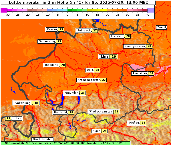 Temperatur, 20. 7. 2025