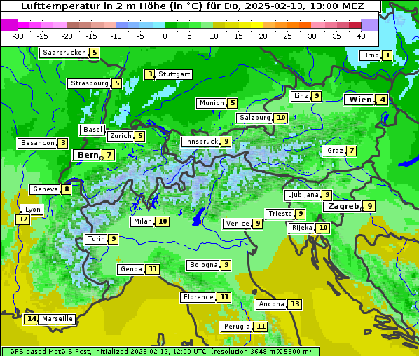 Temperatur, 13. 2. 2025