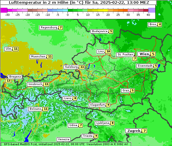 Temperatur, 22. 2. 2025