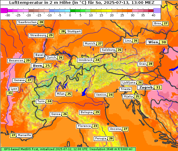 Temperatur, 13. 7. 2025
