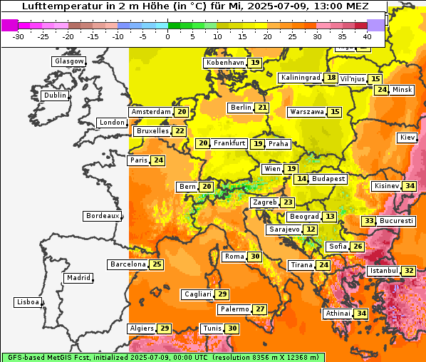 Temperatur, 9. 7. 2025