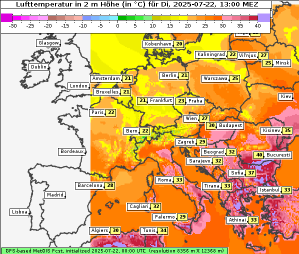 Temperatur, 22. 7. 2025
