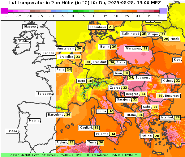 Temperatur, 28. 8. 2025