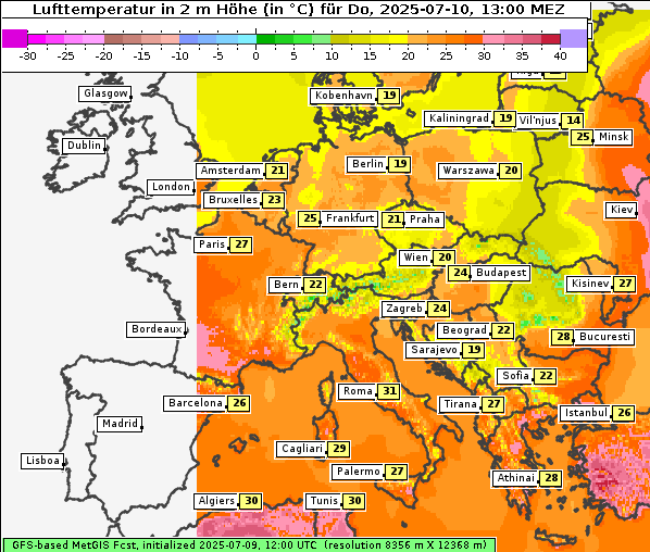 Temperatur, 10. 7. 2025