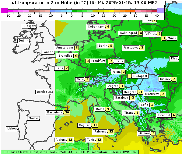 Temperatur, 15. 1. 2025