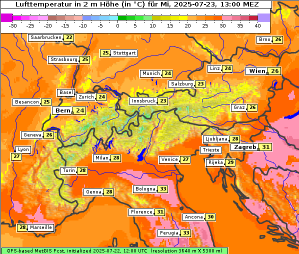 Temperatur, 23. 7. 2025