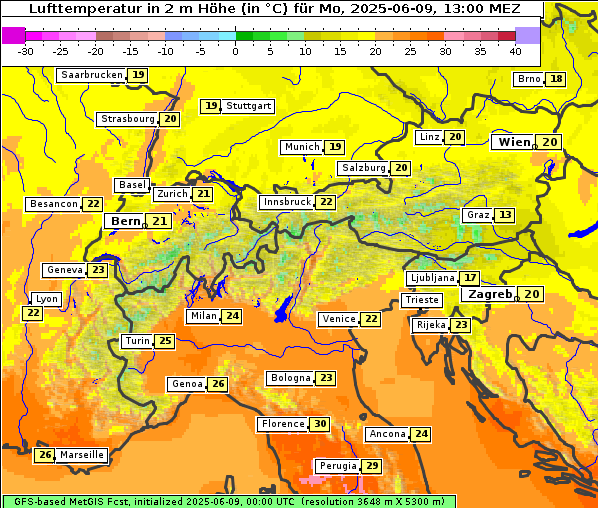 Temperatur, 9. 6. 2025