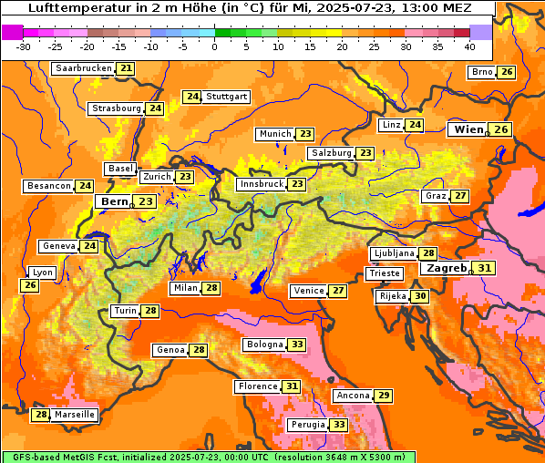 Temperatur, 23. 7. 2025
