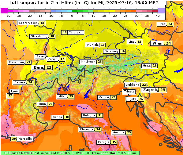Temperatur, 16. 7. 2025