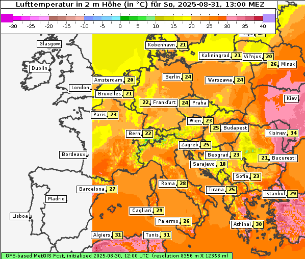 Temperatur, 31. 8. 2025