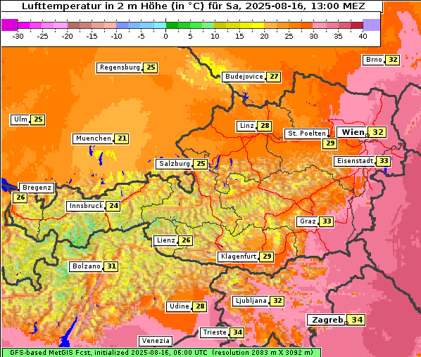 Temperatur, 16. 8. 2025