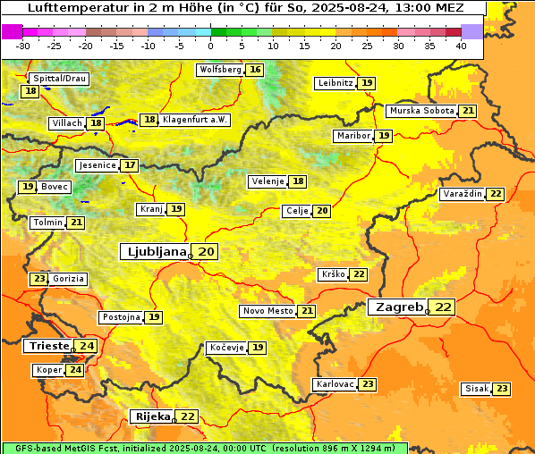 Temperatur, 24. 8. 2025