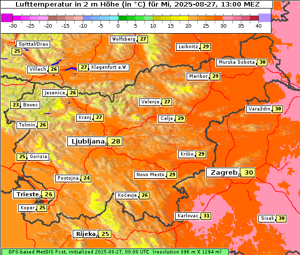 Temperatur, 27. 8. 2025