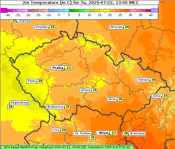 Temperatur, 22. 7. 2025