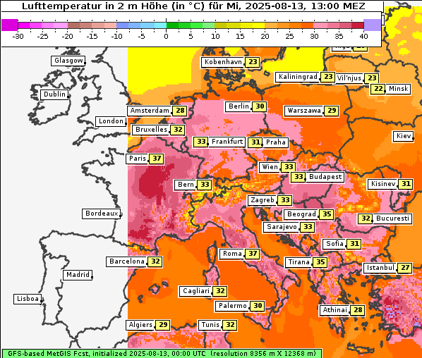 Temperatur, 13. 8. 2025