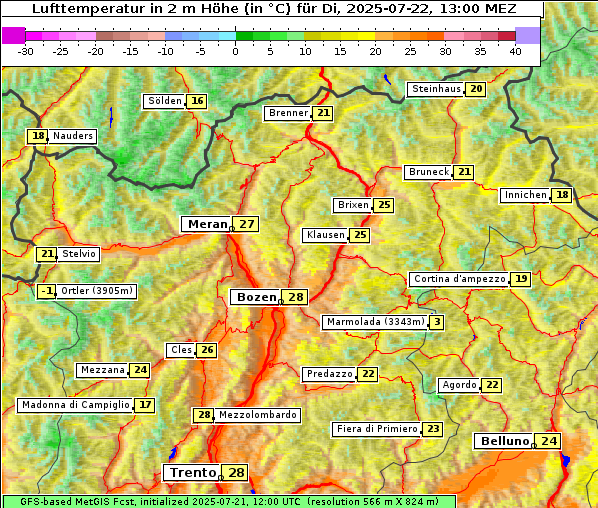 Temperatur, 22. 7. 2025