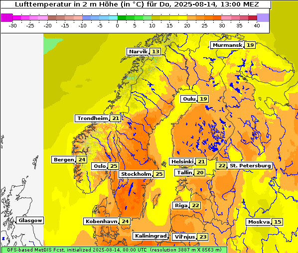 Temperatur, 14. 8. 2025