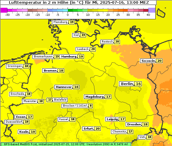 Temperatur, 16. 7. 2025