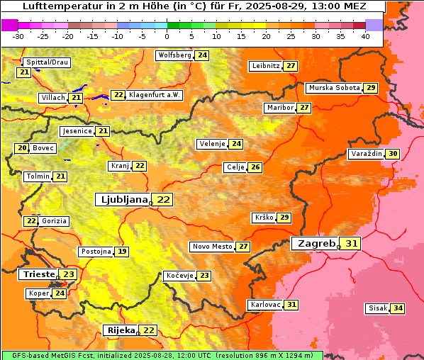 Temperatur, 29. 8. 2025