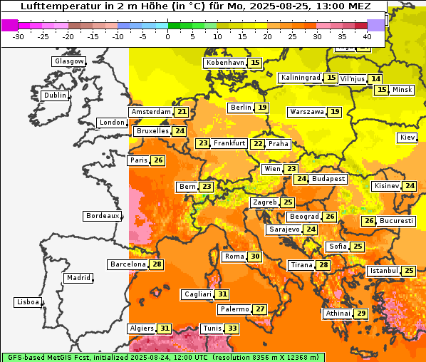 Temperatur, 25. 8. 2025