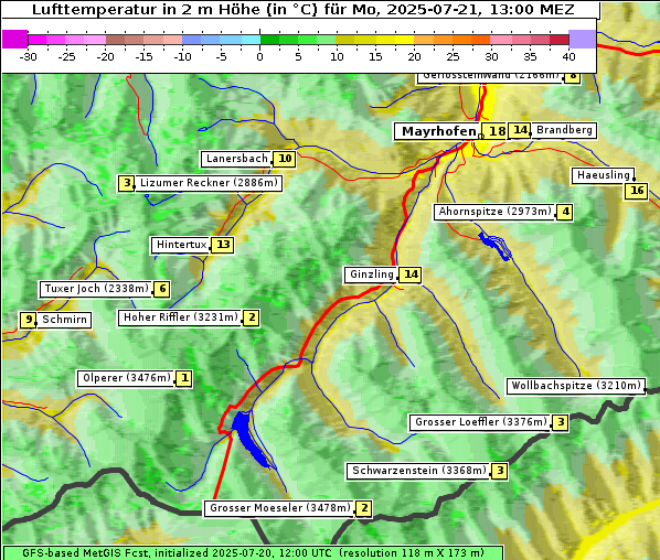 Temperatur, 21. 7. 2025