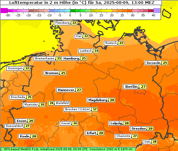 Temperatur, 9. 8. 2025