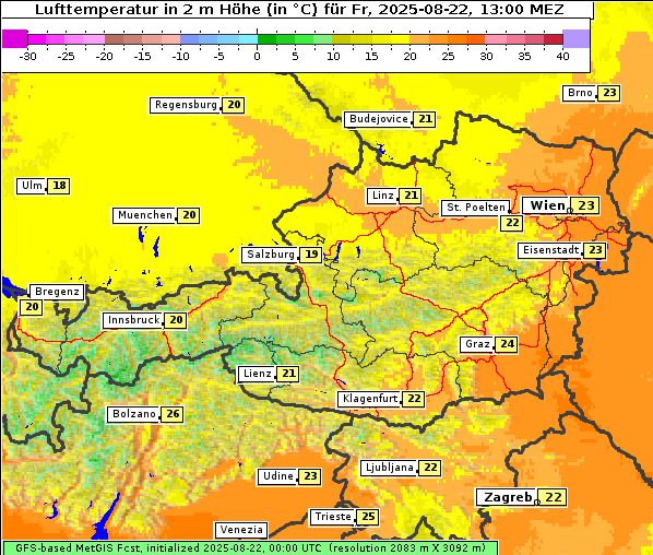 Temperatur, 22. 8. 2025