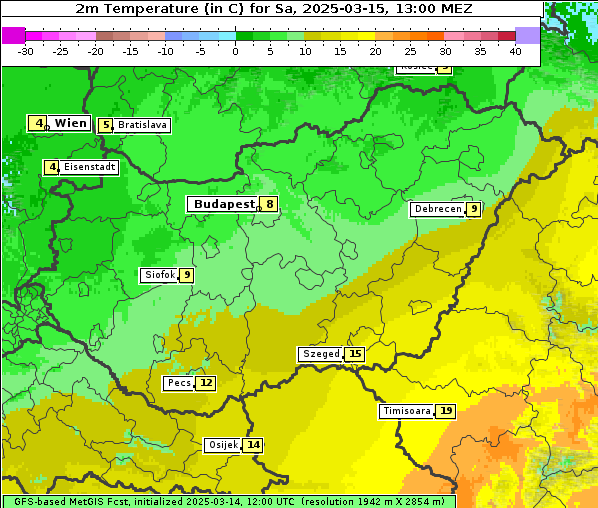 Temperatur, 15. 3. 2025