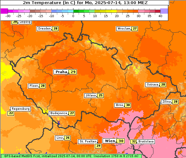 Temperatur, 14. 7. 2025