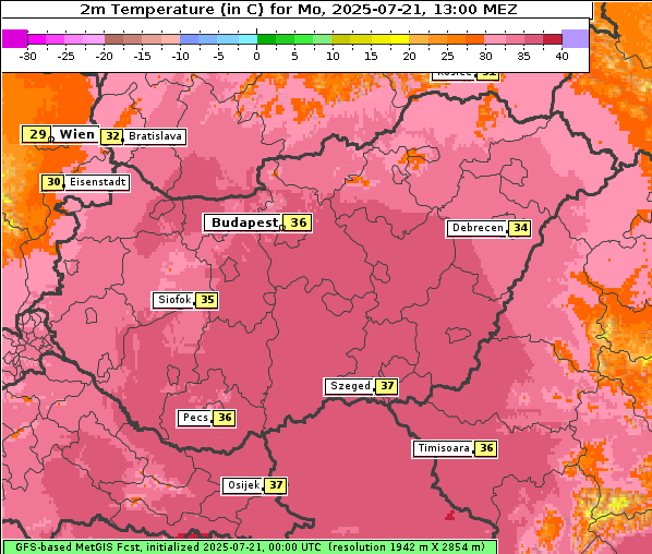 Temperatur, 21. 7. 2025