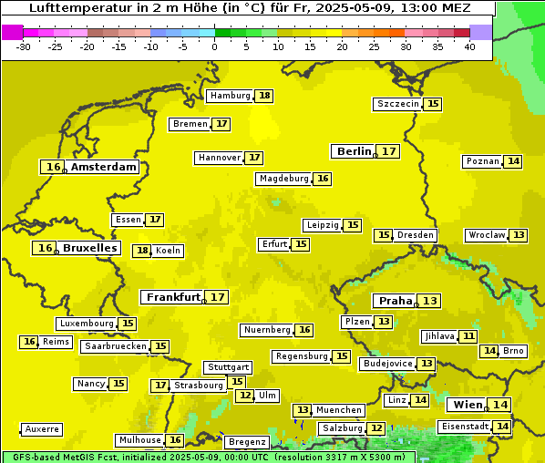 Temperatur, 9. 5. 2025