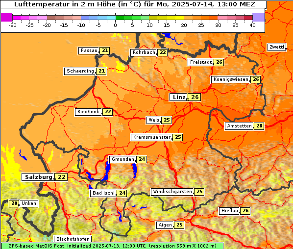Temperatur, 14. 7. 2025