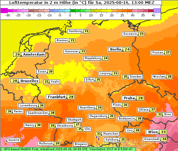 Temperatur, 16. 8. 2025