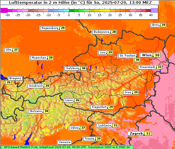 Temperatur, 20. 7. 2025