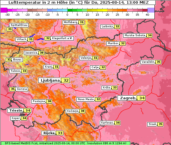 Temperatur, 14. 8. 2025