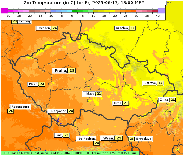Temperatur, 13. 6. 2025
