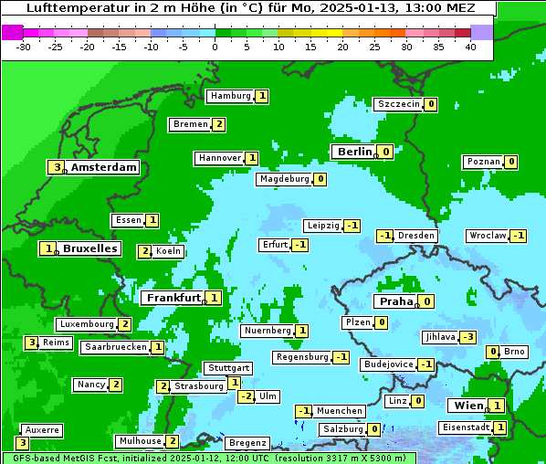 Temperatur, 13. 1. 2025