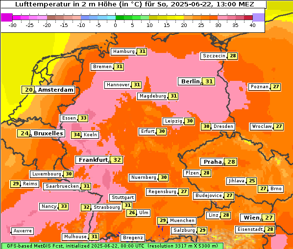 Temperatur, 22. 6. 2025