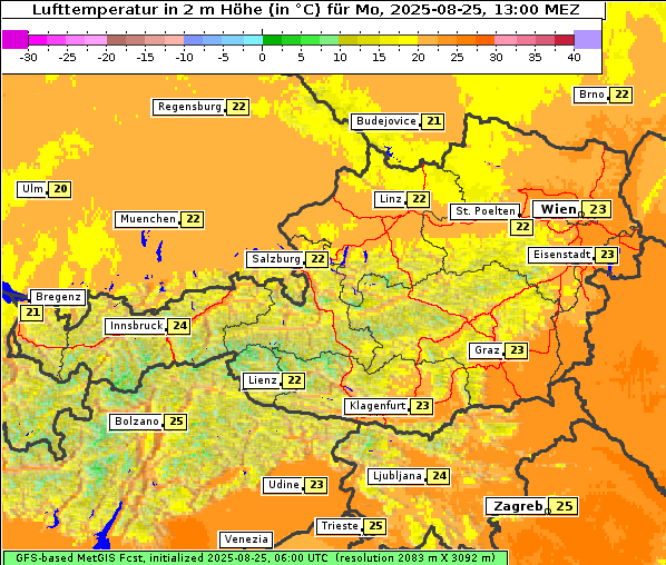Temperatur, 25. 8. 2025